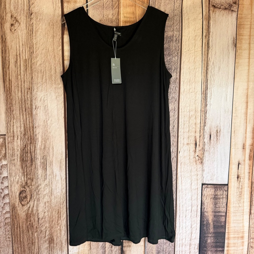 Eileen Fisher Dress Soft V-Neck Shift Black Minimalist Capsule Versatile XL NWT